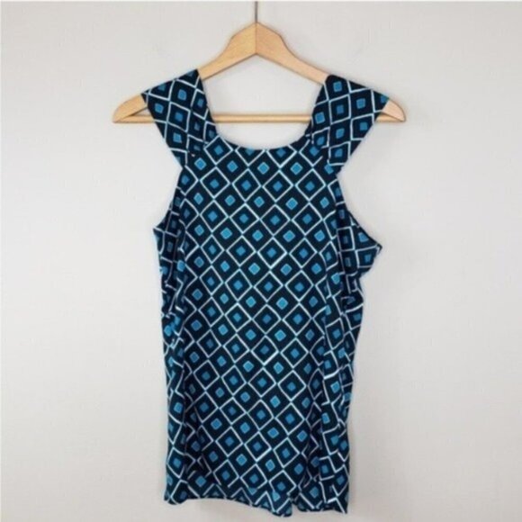 Banana Republic Factory | Blue Black Diamond Print Tie Neck Tank Blouse Size XS - Picture 4 of 4
